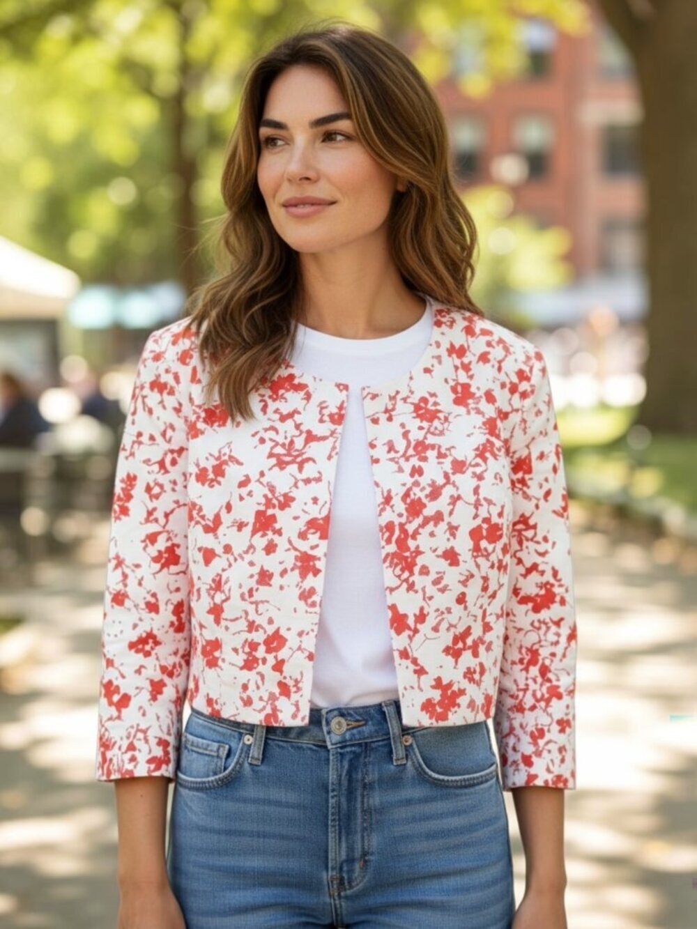 Linen Vibes Crop Jacket Top Long Sleeve Cotton Ivory Red Womens Medium